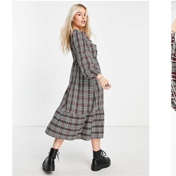 ASOS DESIGN MIDI SMOCK DRESS FRILL NECK BLACK & RUST CHECK PRINT SIZE 4P - Picture 2 of 11